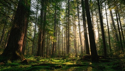 Obraz premium Sunlight filters through towering trees in a mossy forest floor