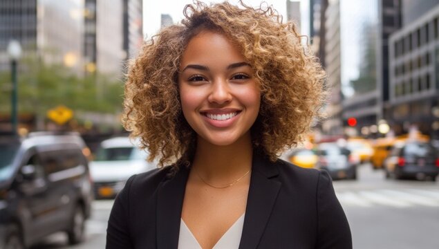 Confident young woman in cityscape, smiling at camera with curly Portrait of plus size