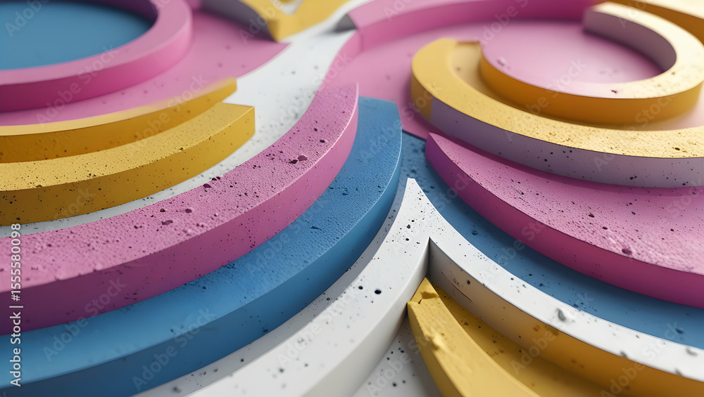 Poster vibrant abstract composition with textured circular elements in pastel tones creating a dynamic visu