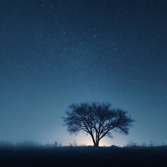Lonely tree silhouette under a starry night sky. Serene landscape.