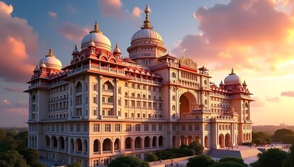 Fototapeta premium Taj Mahal Palace Hotel at Sunrise – Vibrant Architectural Landmark with Domes and Arches