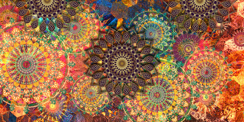 Mystical Mandala Background – Intricate Bohemian Art for Meditation, Tattoo, and Decor, colorful vintage art, ancient Indian vedic background design, old painting texture with  mathematical shapes