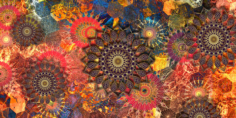 Mystical Mandala Background – Intricate Bohemian Art for Meditation, Tattoo, and Decor, colorful vintage art, ancient Indian vedic background design, old painting texture with  mathematical shapes © RAKR