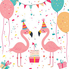Birthday Flamingos Celebrating with Cake and Balloons made with generative AI