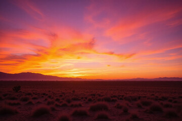 colorful sunset over a grassy field with mountains in the background