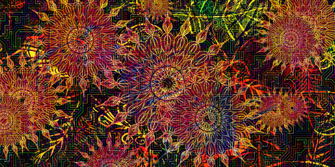 Mystical Mandala Background – Intricate Bohemian Art for Meditation, Tattoo, and Decor, colorful vintage art, ancient Indian vedic background design, old painting texture with  mathematical shapes