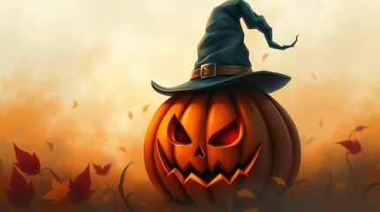 Jackolantern with a witch hat amidst falling leaves conveying an eerie autumn atmosphere