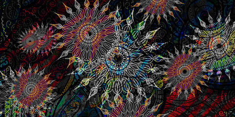 Mystical Mandala Background – Intricate Bohemian Art for Meditation, Tattoo, and Decor, colorful vintage art, ancient Indian vedic background design, old painting texture with  mathematical shapes