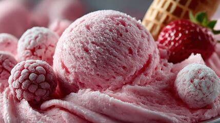 Close-up of pink ice cream with berries