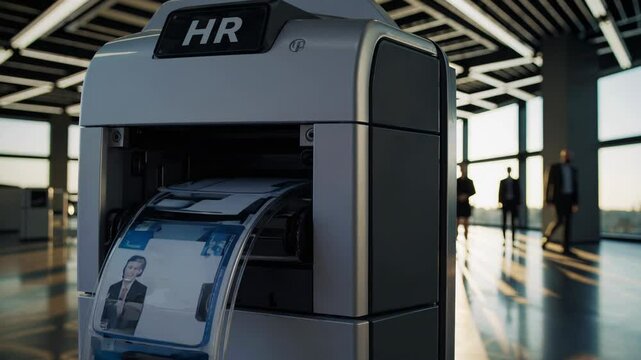 Futuristic hr machine printing employee badges with portraits, names, and company logos in a modern office space, as businesspeople walk in the background at sunset