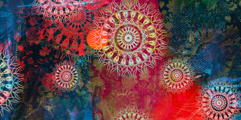 Mystical Mandala Background – Intricate Bohemian Art for Meditation, Tattoo, and Decor, colorful vintage art, ancient Indian vedic background design, old painting texture with  mathematical shapes