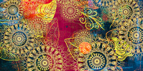 Mystical Mandala Background – Intricate Bohemian Art for Meditation, Tattoo, and Decor, colorful vintage art, ancient Indian vedic background design, old painting texture with  mathematical shapes