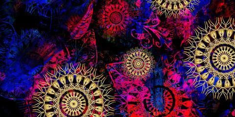 Mystical Mandala Background – Intricate Bohemian Art for Meditation, Tattoo, and Decor, colorful vintage art, ancient Indian vedic background design, old painting texture with  mathematical shapes