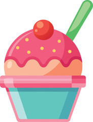 Strawberry Ice Cream Scoop in Cup Flat Vector Illustration