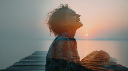 ouble exposure, sideways shot laughing happy woman, jetty, sunset and with her back to the camera the same woman is sitting on the jetty