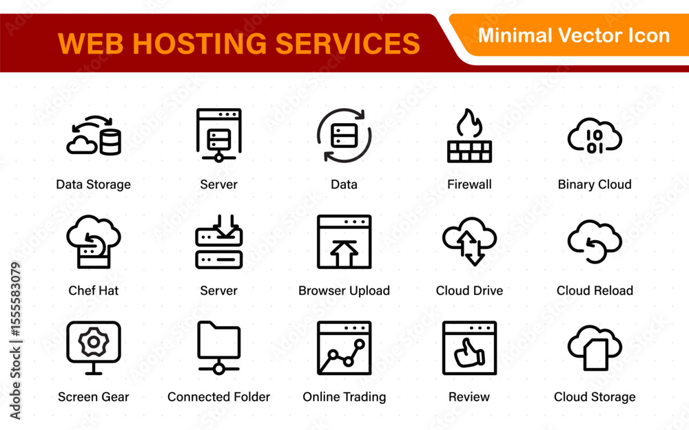Poster set of web hosting and cloud services icons. linear style icon bundle.outline icon collection.
