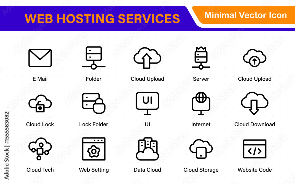 Poster set of web hosting and cloud services icons. linear style icon bundle.outline icon collection.