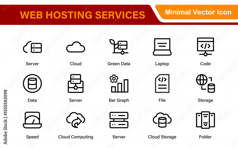 Poster set of web hosting and cloud services icons. linear style icon bundle.outline icon collection.