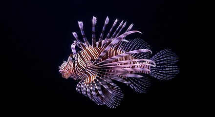 Striped lionfish elegantly gliding through inky depths