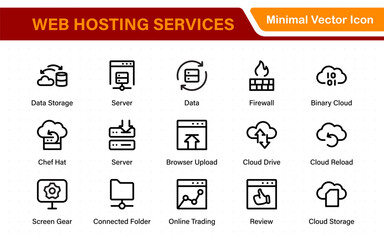 Set of web hosting and cloud services icons. Linear style icon bundle.Outline icon collection.