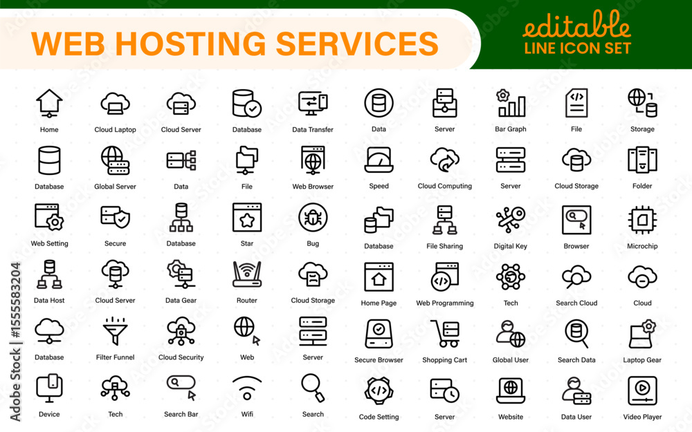 Poster set of web hosting and cloud services icons. linear style icon bundle.outline icon collection.
