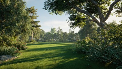 Naklejka premium Lush green landscape bathed in sunlight (1)