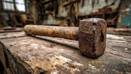 Rusty hammer on weathered workbench