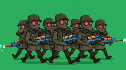 Cartoon soldiers in gas masks marching