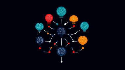 Abstract creative flow of ideas represented as colorful lines connecting multiple brains, idea network, collaborative business concepts