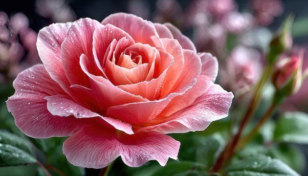 Close-up pink rose with dew drops