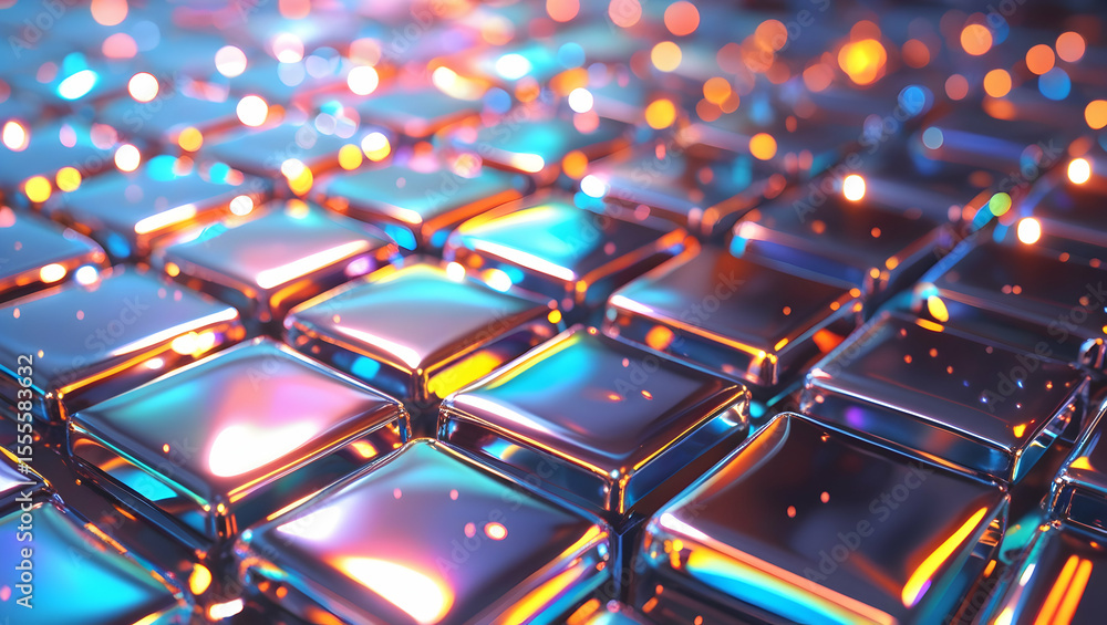 Poster abstract geometric background of shimmering metallic cubes with bokeh lighting effects and vibrant i