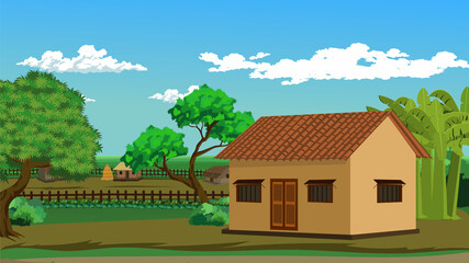 Small South Indian Village House with Trees – 2D Cartoon Background for Rural Story Animations