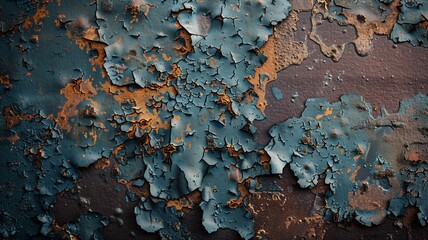 Close-Up of an Abandoned Wall with Peeling Paint in Shades of Blue and Rust, Showing Texture and Layers of Erosion Over Time