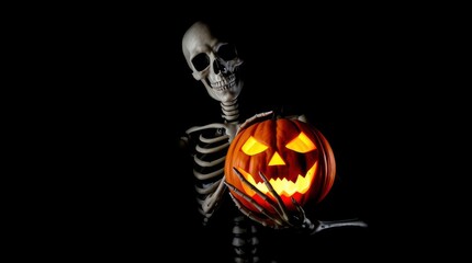 Skeleton holding lit Jackolantern Black backdrop