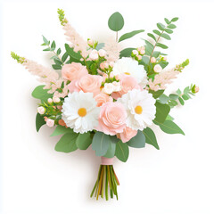 Obraz premium Floral bouquet delicate pink roses,white daisies,green foliage with light pink accents tied with ribbon.Ideal for wedding stationery,Mother's Day,anniversaries,greeting cards,elegant website imagery.