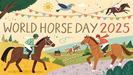 Fototapeta premium World horse day 2025 celebration with equestrians and festive decorations