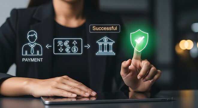 Businesswoman touches screen showing secure payment process from person to bank with successful confirmation - Powered by Adobe