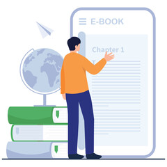 School Learning Illustration. Vector illustration of A learner viewing an electronic textbook on a giant screen beside study materials and a globe. Isolated on background