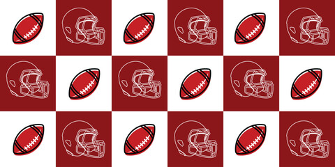 American football sports pattern background. rugby ball and helmet.