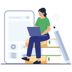 School Learning Illustration. Vector illustration of A female student studies using a laptop while sitting on stacked books, representing modern digital education. Isolated on background
