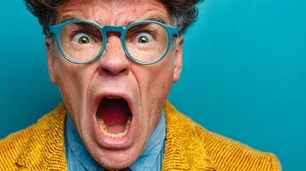 Wütender älterer Mann mit Brille schreit emotional in die Kamera
