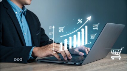 Businessman analyzing financial growth charts and shopping cart icons on a laptop screen representing e commerce success