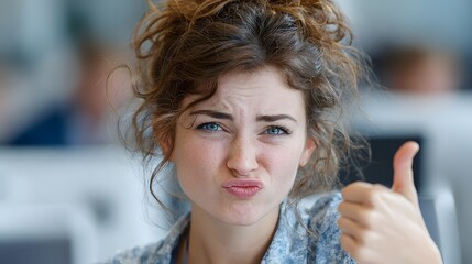 Frau zeigt Daumen hoch mit ironischem Gesichtsausdruck im Büro
