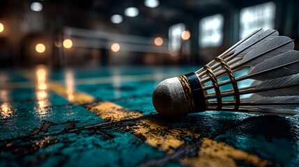 Federball auf glänzendem Hallenboden in atmosphärischem Licht
