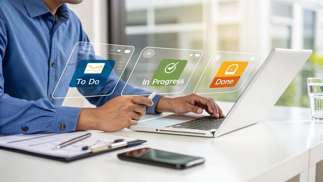 Man using a laptop and stylus interacts with a futuristic holographic interface displaying project management stages to do in progress done