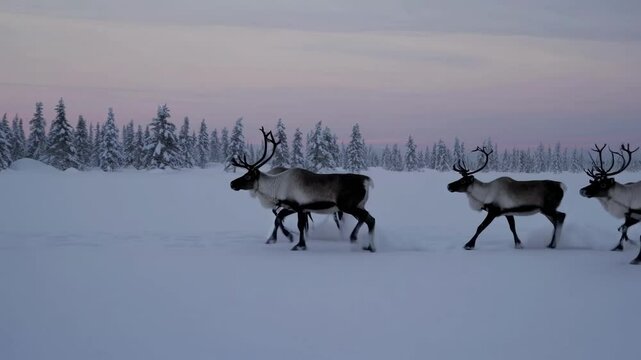 A serene winter landscape video with a wide-angle view, capturing two reindeer walking across a snowy field under a pastel sky, framed by distant trees.