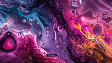 Vibrant abstract liquid swirl with vivid colors and floating bubbles in purple, pink, and orange tones, creating mesmerizing visual experience. Colorful background concept.