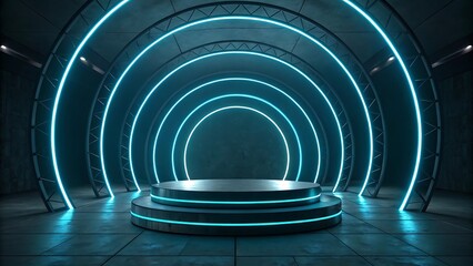 Obraz premium Futuristic Cylindrical Platform with Glowing Blue Neon Lights