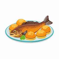 A whole cooked fish served on a decorative plate with golden buns. Vector illustration of a traditional seafood dinner meal.