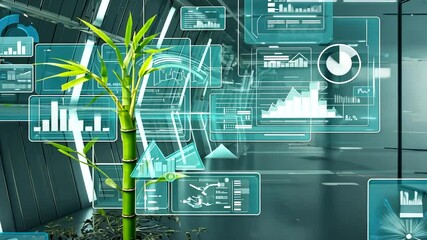 Futuristic interior with a bamboo plant surrounded by holographic data displays and graphs - Powered by Adobe